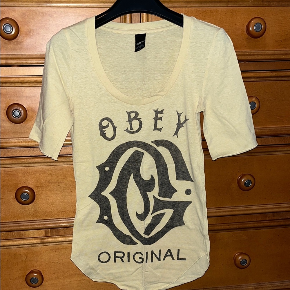 Obey Cream Short Sleeve Graphic Tee with Black Logo